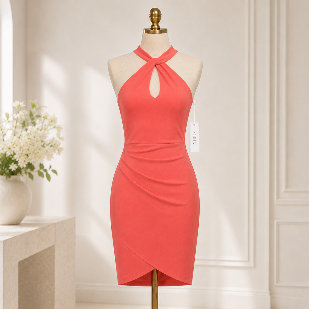 NWT Siena Hot Coral Halter Keyhole Ruched Bodycon Cocktail Dress Size 12